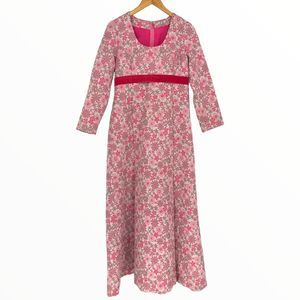 60’s Custom Pink Floral Metallic Velvet Trim Long Sleeve Maxi Dress